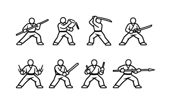 Martial arts weapon practice: bo staff strike stance, nunchaku spinning pose, samurai sword strike stance, katana guard stance, sai weapon stance, wooden sword training stance