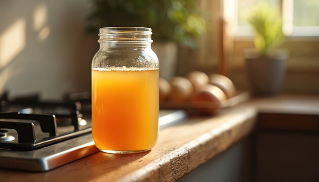 Glass jar filled with golden bone broth rests on a wooden kitchen counter near a stove. Eggs sit in a tray in the background. Sunlight streams in from a window.