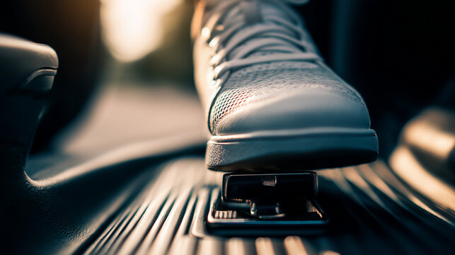 Close up of a driver foot pressing car gas pedal, symbolizing acceleration, speed control and driving action inside a modern vehicle interior.