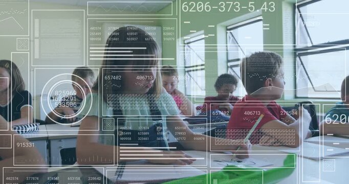 Tucking hair, girl in dark overalls writing notes at classroom mid row, with HUD overlay