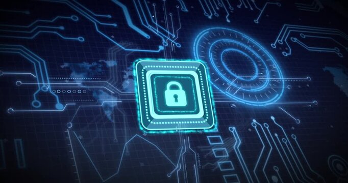 Booting, turquoise padlock module pulsing over circuitry, lighting dial, securing network