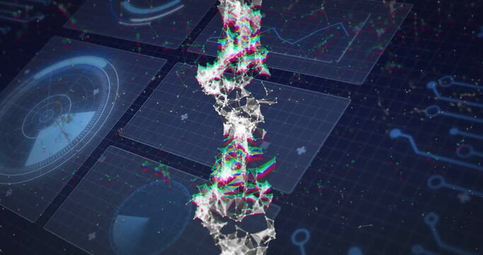 Vertical particle column rising from bottom, visualizing tech data flow with RGB ribbons pulsing
