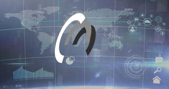 First arc appearing, others emerging and rotating into tri-arc logo forming tech brand over HUD map