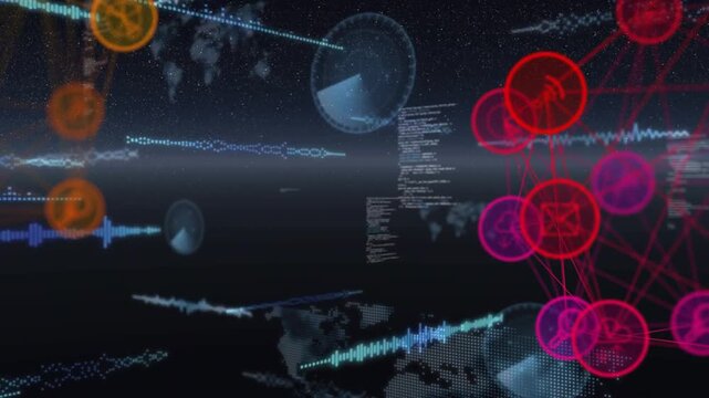 Pink or red node cluster pulsing right, emitting waveforms, HUDs, code into central data hub for tec