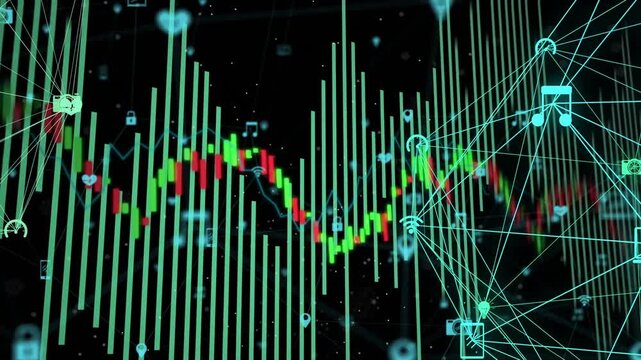 Vertical video: Animating 3D data evolving on playback in black void with teal bars, candlestick