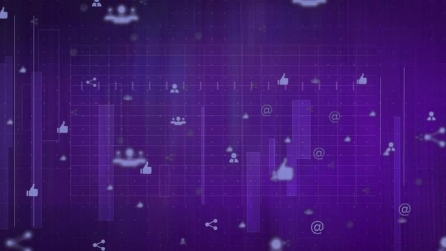 Central cluster reacting to live data, animating bars and pulsing like icons for social analytics