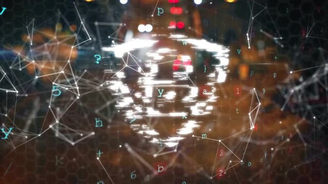 Light streaks sparking shield, padlock forming while digits and nodes orbiting, signaling security