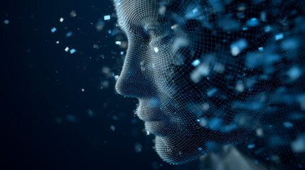 Digital human head made of particles and data, symbolizing artificial intelligence, technology, and futuristic identity in modern cyber concept.