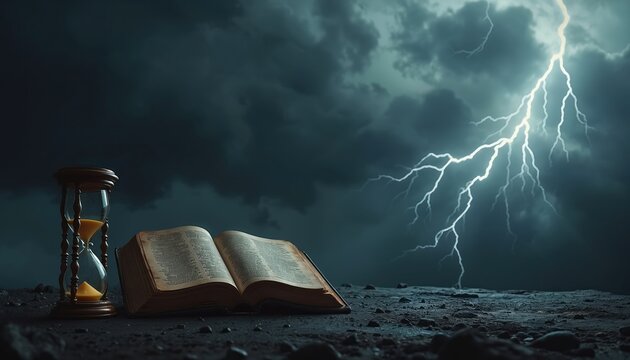 Stormy sky looms over open Bible and hourglass. Represents end of time, divine judgment, and the finality of life moments. Ancient wisdom meets fleeting existence during a celestial event.