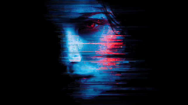 Glitch effect portrait of human face with digital distortion, symbolizing identity, technology, cyber reality, and data corruption in futuristic concept.
