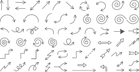 Obraz premium Vector set of hand-drawn black line-art arrows and spirals.