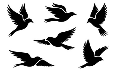 Obraz premium Set of vector silhouettes of birds, Set of bird silhouettes in flight featuring various species like eagle, hawk, and dove in a clean black vector style