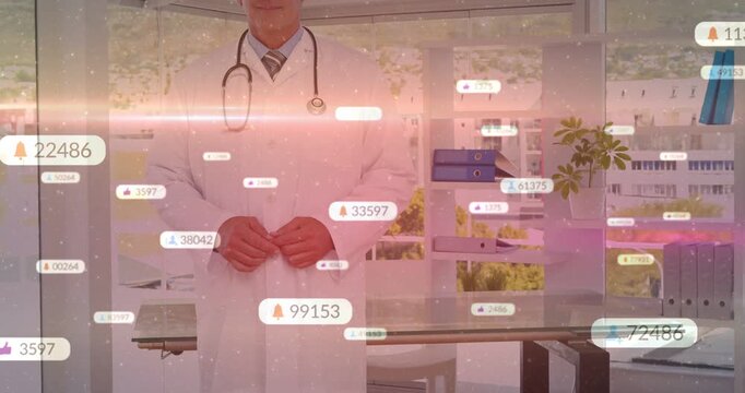 Vertical video: Doctor standing in clinic, badges entering, drifting over doctor and showing stats