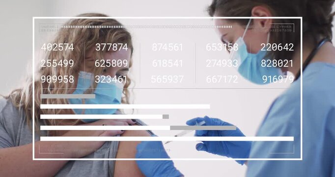 Patient pulling sleeve, provider injecting vaccine via syringe, HUD bars animating during delivery