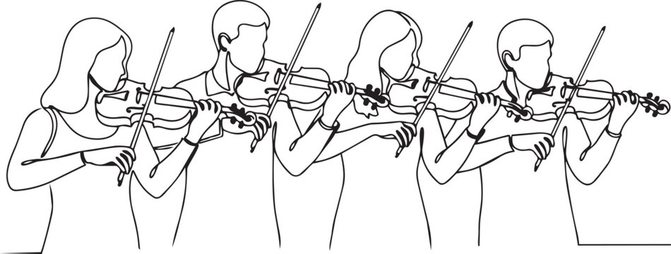 Four musicians playing violins in a synchronized manner during a performance