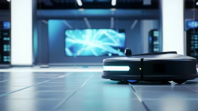 Sleek, brushed chrome AMR with pulsating sapphire-blue lights glides on a polished grey grid floor in a bright, hyper-modern data center with glass partitions and flowing data displays, conveying