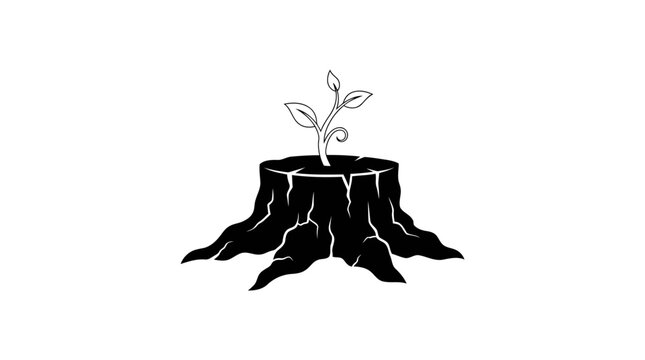 Minimalist Tree Stump Silhouette with Growing Sapling Line Art, Legacy and New Beginnings Concept
