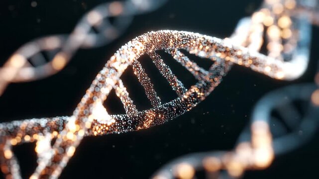 DNA helix rotating and sparkling in abstract science motion background close-up detail