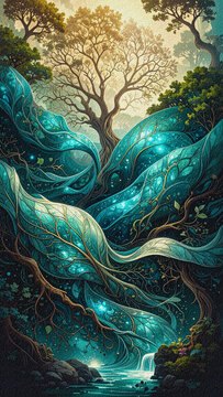 4K Vertical 9:16 Bioluminescent Tree of Life with Glowing Roots and Intricate Sandstone Texture