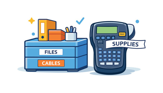 Office organization and inventory management focused on labeling and identifying stored items clearly in everyday workflow, a handheld label maker printing a short strip of