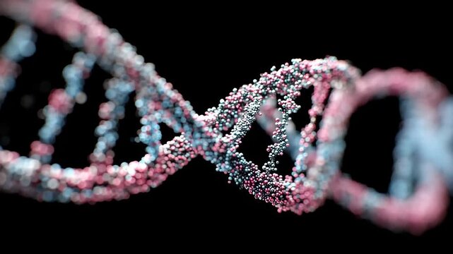 DNA Double Helix Structure Rotating Slowly with Particles Microscopic View