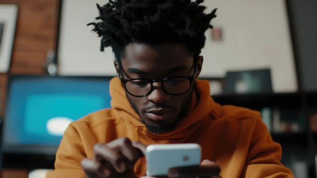 The video portrays a young adult male deeply engaged with his cell phone, possibly navigating through an app or texting. He is casually dressed in a hoodie, suggesting a modern, relaxed style, and the