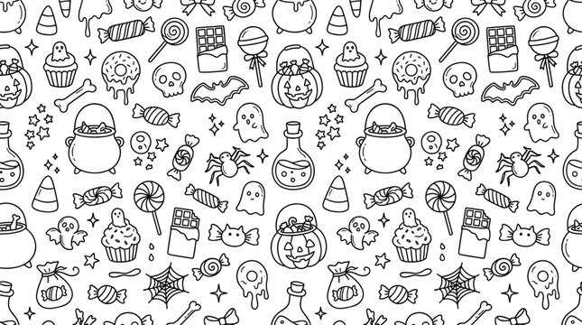 Halloween candy and dessert doodle theme with cute spooky mood, doodle objects including candy corn, wrapped candies, lollipop, chocolate bar, cupcake, donut, cookies, candy bucket