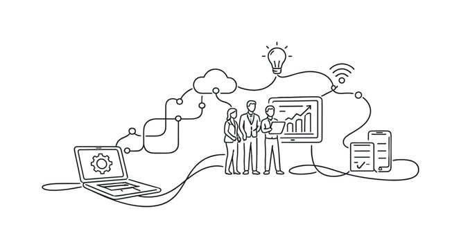 Business and tech scenes representing digital transformation, remote collaboration, and modern corporate workflows in a connected environment, a simplified laptop smoothly