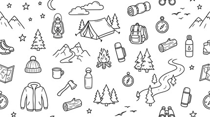 Naklejka premium Mountain camping escape theme with adventurous outdoor feel, doodle objects including mountains, pine trees, tent, campfire, backpack, sleeping bag, lantern, compass, map, boots,