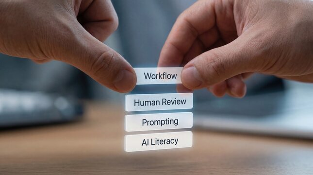 AI skills gap - Close-up of a hand stacking chips labeled &ldquo;AI Literacy,&rdquo; &ldquo;Prompting,&rdquo; &ldquo;Human Review,&rdquo; and &ldquo;Workflow&rdquo; representing key concepts in artificial intelligence processes.