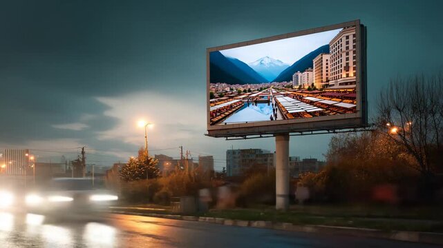 Billboard with Cityscape Display at Night with Car Light Trails on Wet Road