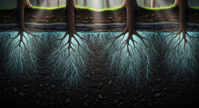 Cross section of forest ground showing interconnected bioluminescent tree roots in deep soil layer with geological rock strata above glowing network underwood ecosystem concept illustration