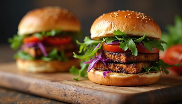 Two grilled tofu burgers with fresh greens and tomato served on a rustic wooden board. Juicy plant based patties with sesame seed buns make for a healthy vegan meal.