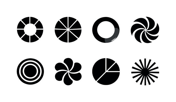 Abstract color wheel shapes: segmented circle wheel, radial pie segments, circular gradient ring, pinwheel spiral wheel, concentric circle bands, rotating petal wheel, geometric