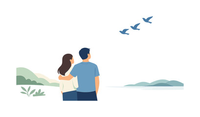 Obraz premium A calm nature inspired scene where minimal bird silhouettes move across an open sky, representing freedom and simplicity in a quiet natural setting, a small group of clean flying