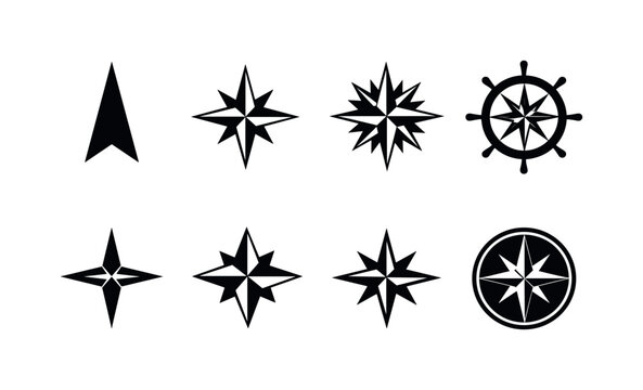 Compass rose navigation symbols: north arrow compass, eight point compass rose, sixteen point compass rose, nautical compass wheel, map compass star, cardinal direction compass
