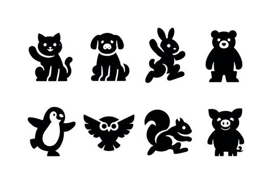 Cartoon animal mascots: waving cat character, sitting dog character, jumping rabbit character, standing bear character, dancing penguin character, flying owl character, running