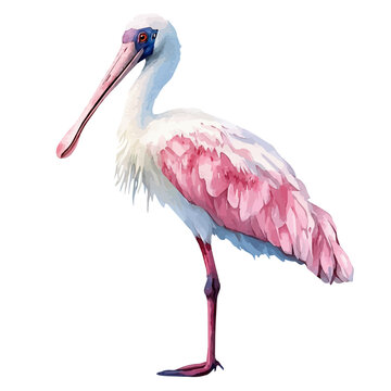 Spoonbill, cute watercolor illustration with intricate patterns and vibrant splashes, isolated on a white background.