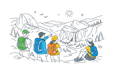 Fototapeta premium Yosemite National Park outdoor adventure moment where hikers pause on a mountain trail to admire the iconic valley landscape together, massive granite cliffs and a flowing