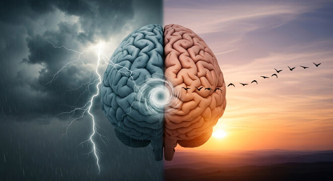 Human brain conceptual illustration showing duality between storm and sunshine representing mental health balance or split personality with lightning and birds flying over sunset sky
