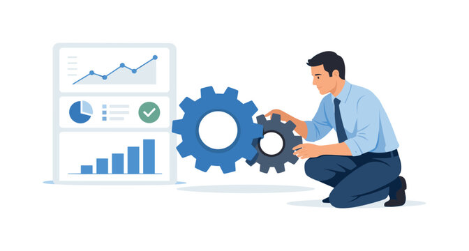 Business process improvement and system maintenance concept in a digital services environment, two interlocking gears positioned near a simplified dashboard panel while a