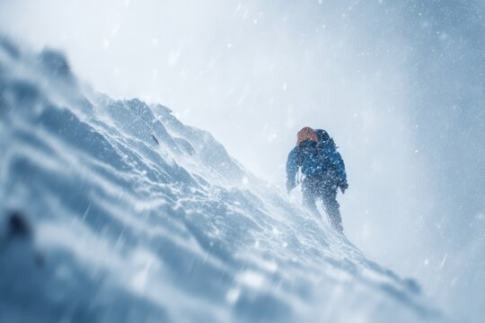 Mountaineer climbing steep slope during winter tempest