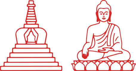 Buddhist symbols featuring a stupa and a seated buddha illustration © Sadhin