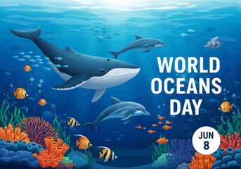 Obraz premium World oceans day marine life illustration with whales and fish
