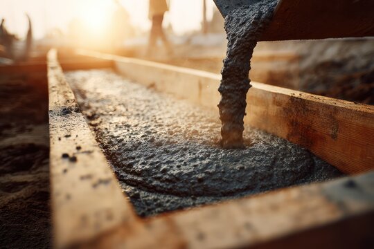 Pouring fresh concrete into wooden formwork