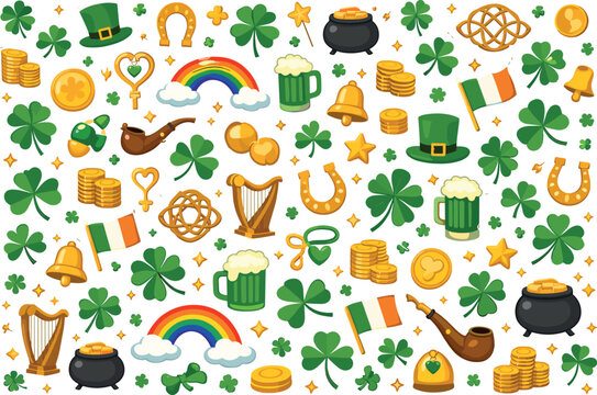 Irish luck themed seamless pattern for festive St Patricks Day and cultural celebration designs featuring four leaf clover, shamrock, horseshoe, gold coin, leprechaun hat, rainbow