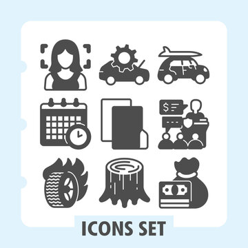 Set of nine clean glyph icons representing user profile, settings, transportation, finance, calendar, industry and technology for web and mobile interfaces.