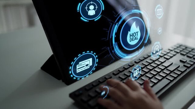 Sale and promotion icons with hot deal, discount tag, shopping bag, limited offer, coupon, VIP card, buy one get one, online shopping, and special event sale. Funnel