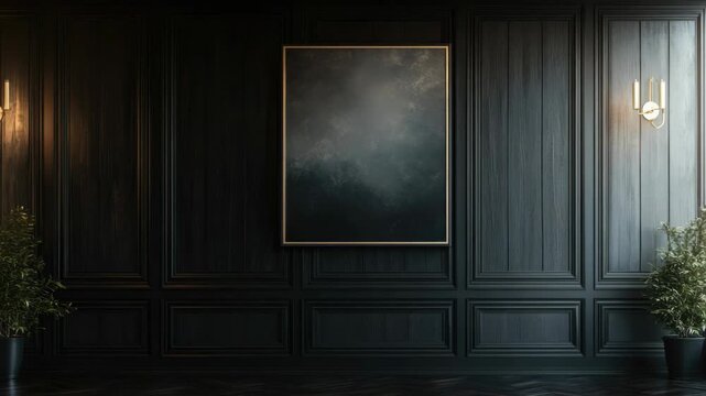 Vast canvas wall art, dark wood paneling, stylish lighting, modern decorative accents