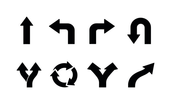 Direction road signs icons: straight ahead arrow sign, left turn arrow sign, right turn arrow sign, U turn arrow sign, merge lanes arrow sign, roundabout circular arrows sign, fork